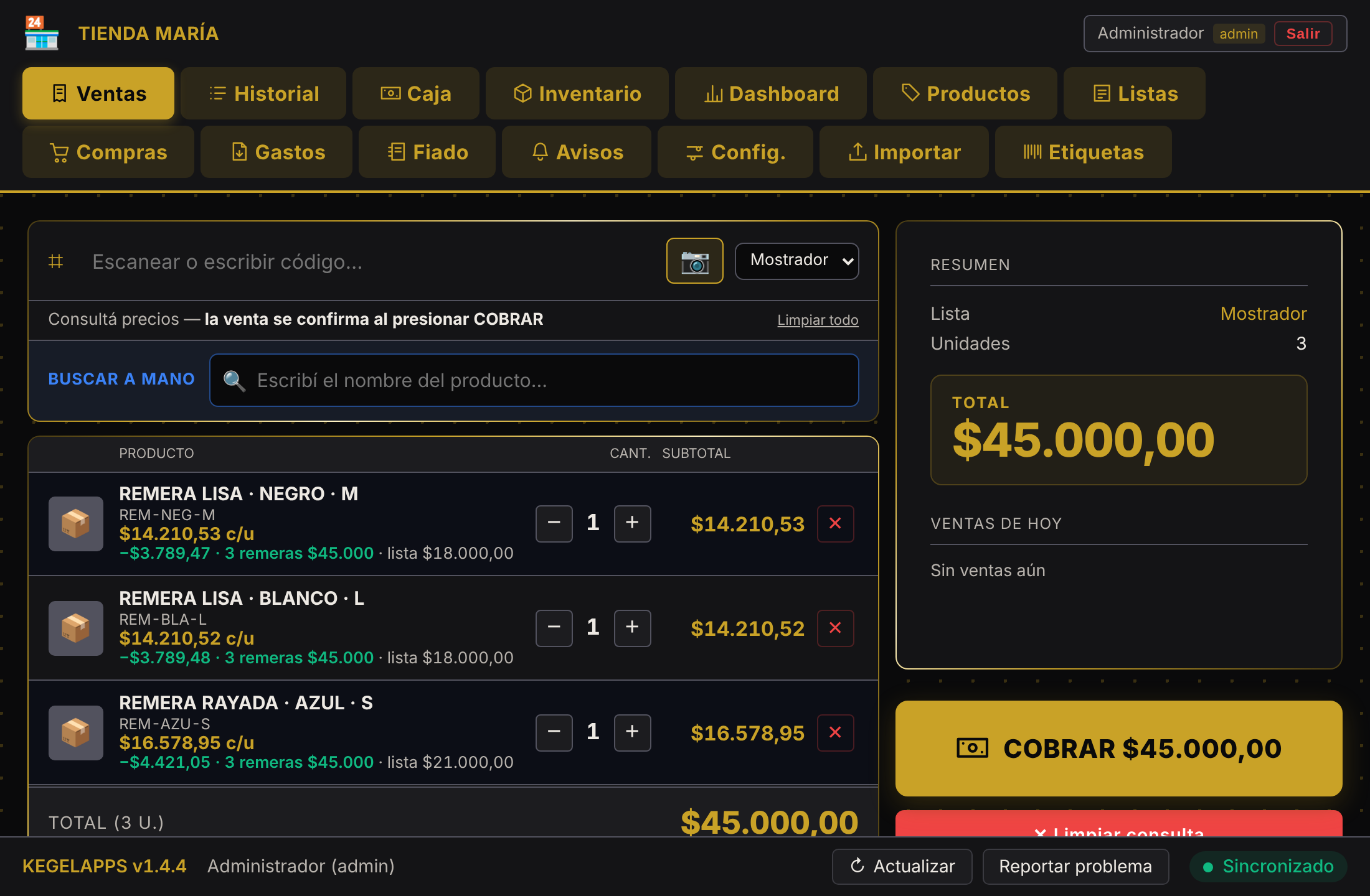 Carrito con tres remeras y la promo de 3 por un precio aplicada sola